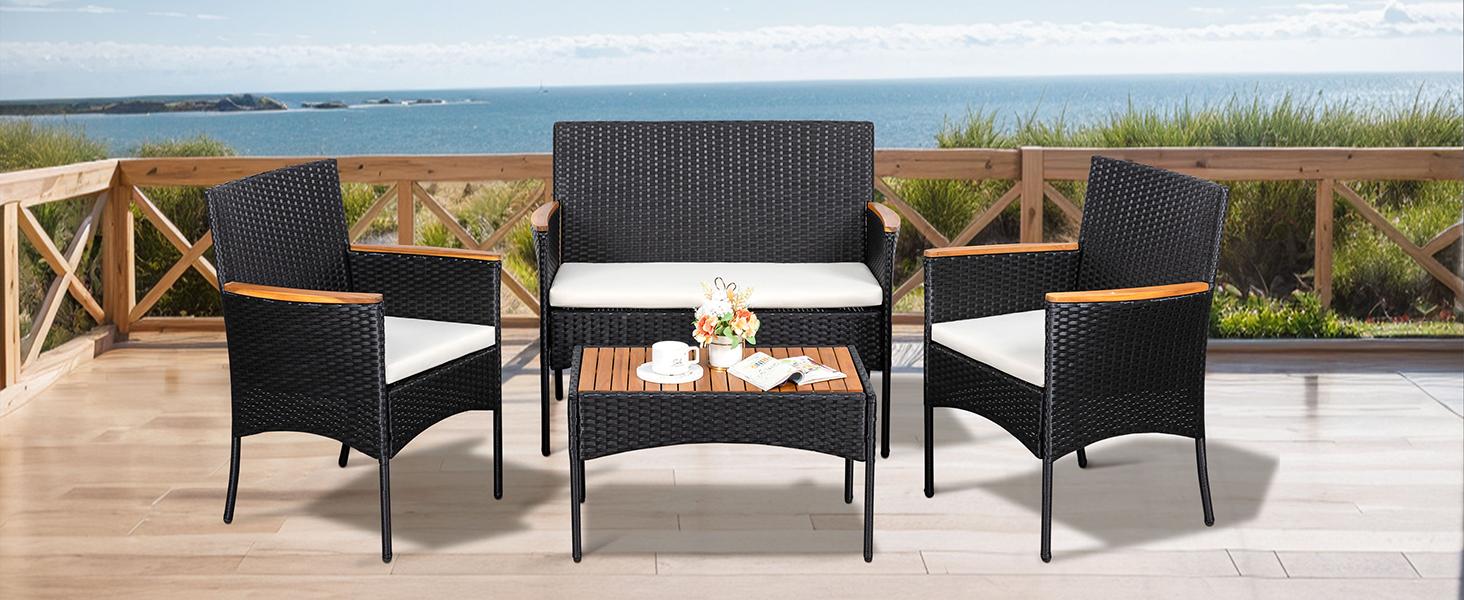 Walsunny 4-Piece Patio Furniture Set, Outdoor Wicker Patio Set with Cushions and Wooden Table for Lawn Backyard, White Rustic Dining Compact