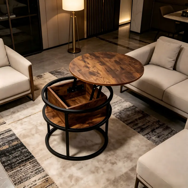 Round height-adjustable coffee table with a hidden storage compartment; a versatile table for laptop work and casual dining; space-saving industrial side table; sturdy and stable construction; easy-to-assemble living room furniture.