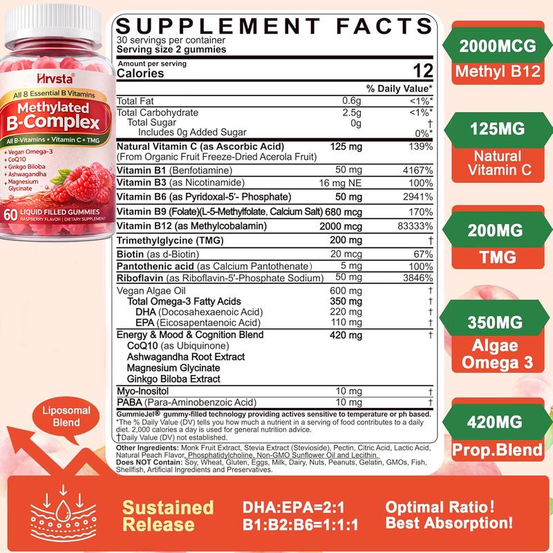 Ultra-Potent Methylated Vitamin B Complex Gummies - Contains all B vitamins + Omega-3, Magnesium, Coenzyme Q10, Ashwagandha, Vitamin C, and TMG - Suitable for both men and women.