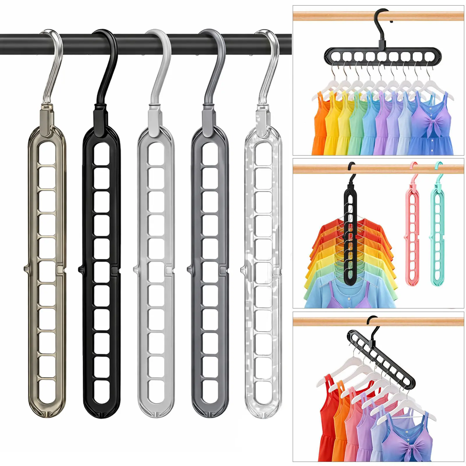 5-Pack Foldable Plastic Multifunctional Hangers - Home Organizers with 360-Degree Rotatable Hooks, 9 Anti-Slip Holes, Space-Saving for Jumpers, Dorm Room Inspo, Closet Organization, Garage, House Organizers (5 Colors)
