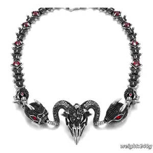 ⑤④Space ice Gothic Ram Skull & Spine Necklace - Red Gemstones, Goat,Dark Punk Hip Hop Jewelry for Men & Women Iced Out Chains