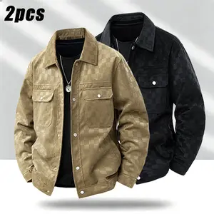 Men's Spring & Autumn Plaid Windproof Work Jacket – Lightweight, loose-fitting coat; features dual pockets and a buttoned front closure; perfect for everyday commuting and weekend outings; an essential versatile piece for any men's wardrobe.