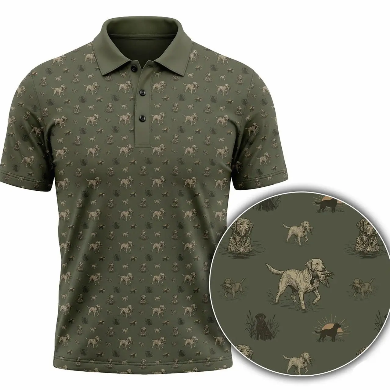 Labrador Duck Hunting Micro Pattern Polo Shirt,Men's Classic Aesthetic Polo Shirt,Textured Performance Piqué Fabric