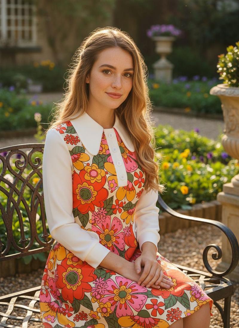 Retro Stage 1960s Orange Printed A-Line Dress with Peter Pan Collar, 3/4 Sleeves, Floral Patchwork Pockets, Lightweight for Commuting Casual Outings