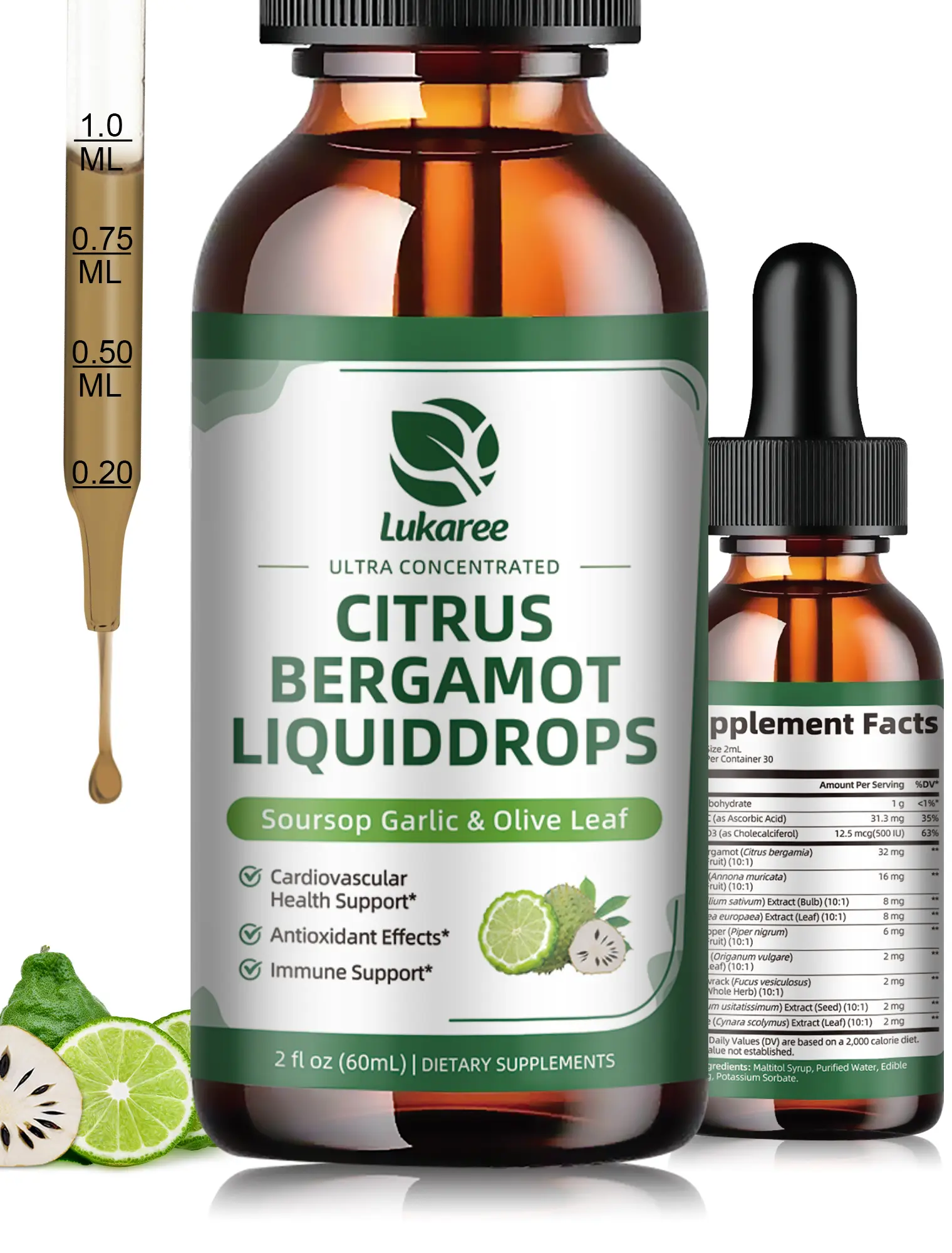 Citrus Bergamot Liquid Drops - Natural Supplement with Soursop, Red Yeast Rice, Garlic, Olive Leaf, Black Pepper - High Absorption - Support Overall Wellness - Soursop Bitters Liquid, 2 Fl Oz