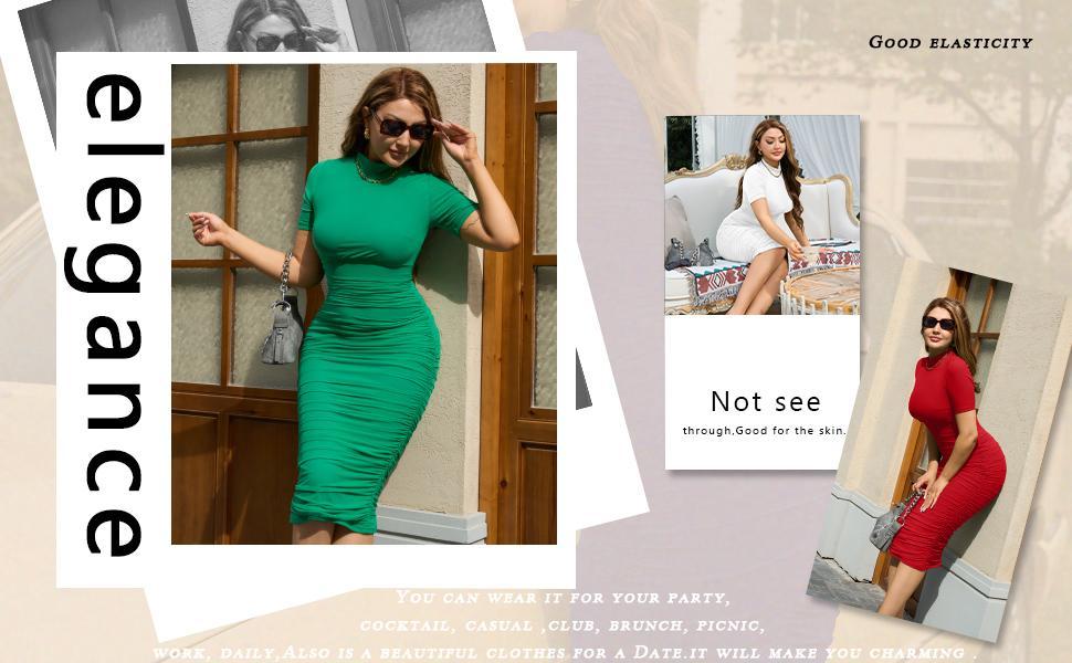 OYS Women's Elegant Bodycon High Neck Short Sleeve Ruched Midi Formal Cocktail Dress Polyester Mesh Back Zipper