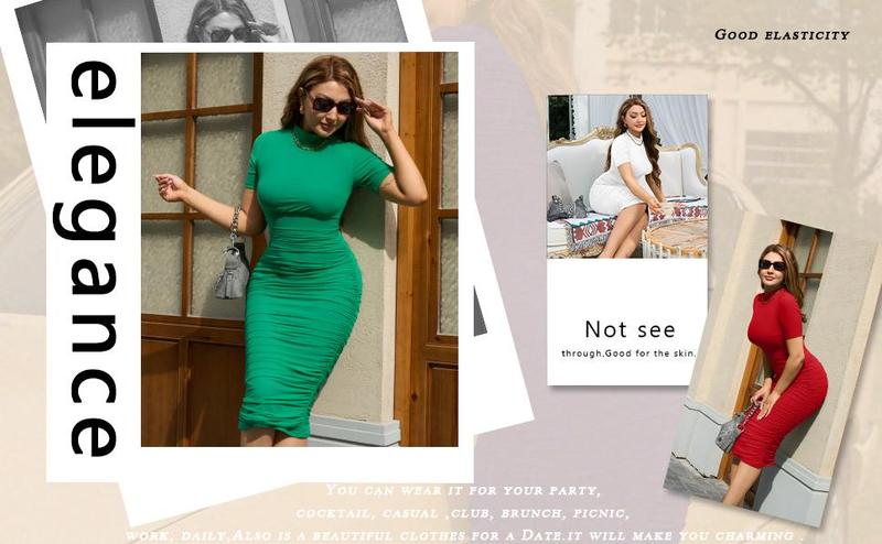 OYS Women's Elegant Bodycon High Neck Short Sleeve Ruched Midi Formal Cocktail Dress Polyester Mesh Back Zipper