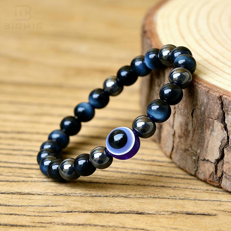 Evil Eye Design 3X Power Protection Bracelet for Women & Men, Tiger Eye & Hematite Stone Beads, Healing Crystal Jewelry Gift for Her and Him, Birthday Gifts