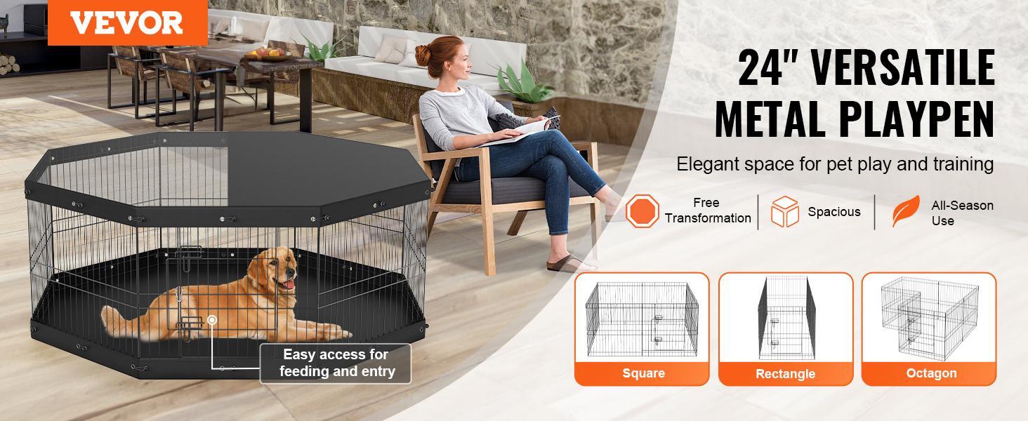 VEVOR Dog Playpen, 8 Panels Foldable Metal Dog Exercise Pen with Top Cover and Bottom Pad, 24" H Pet Fence Puppy Crate Kennel, Indoor Outdoor Dog Pen for Small Medium Pets, for Camping, Yard VEVOR Dog Playpen, 8 Panels Foldable Metal Dog Exercise Pen with Top Cover and Bottom Pad, 24" H Pet Fence Puppy Crate Kennel, Indoor Outdoor Dog Pen for Small Medium Pets, for Camping, Yard