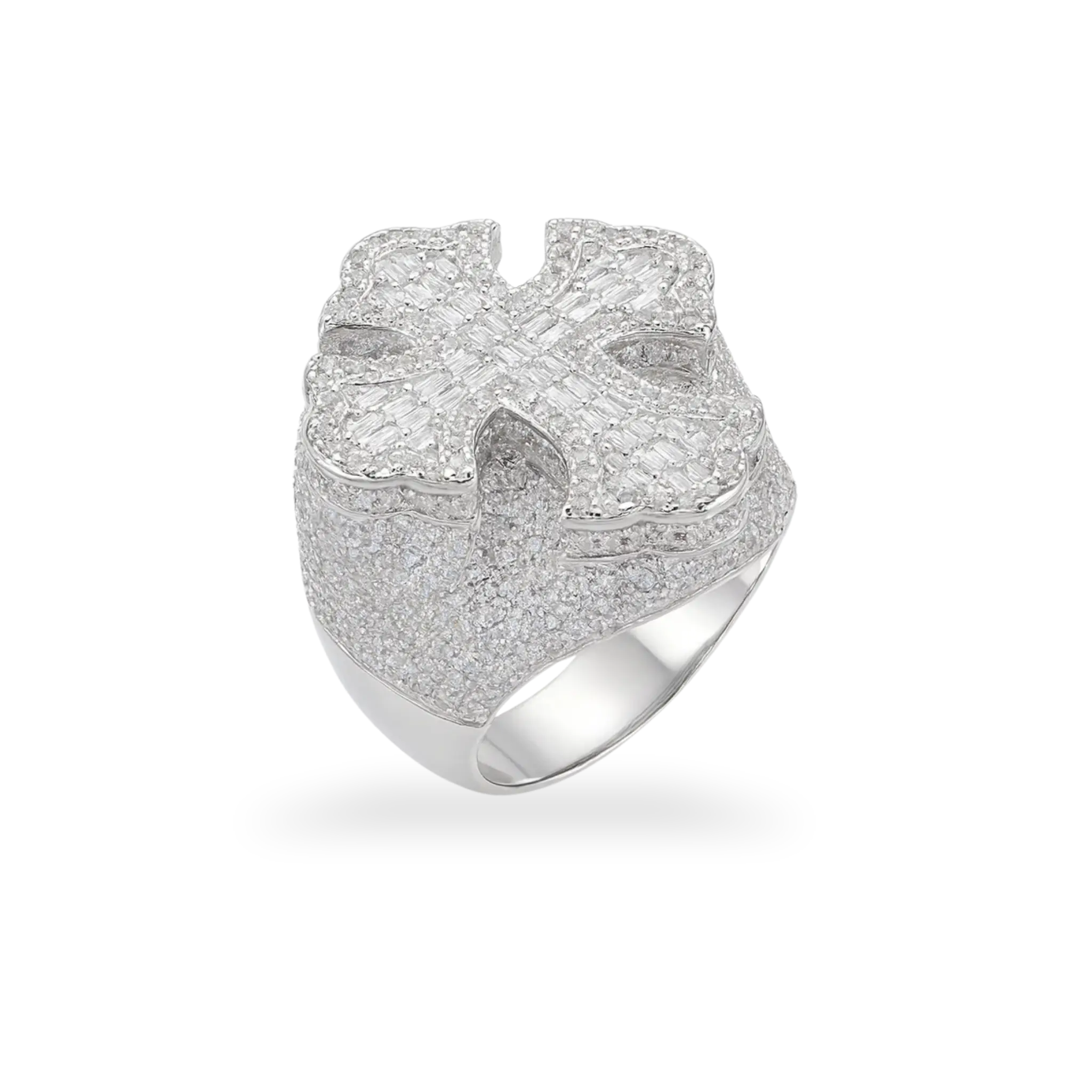 Moissanite Iced Mens Baguette Religious Cross Ring 925 Sterling Silver