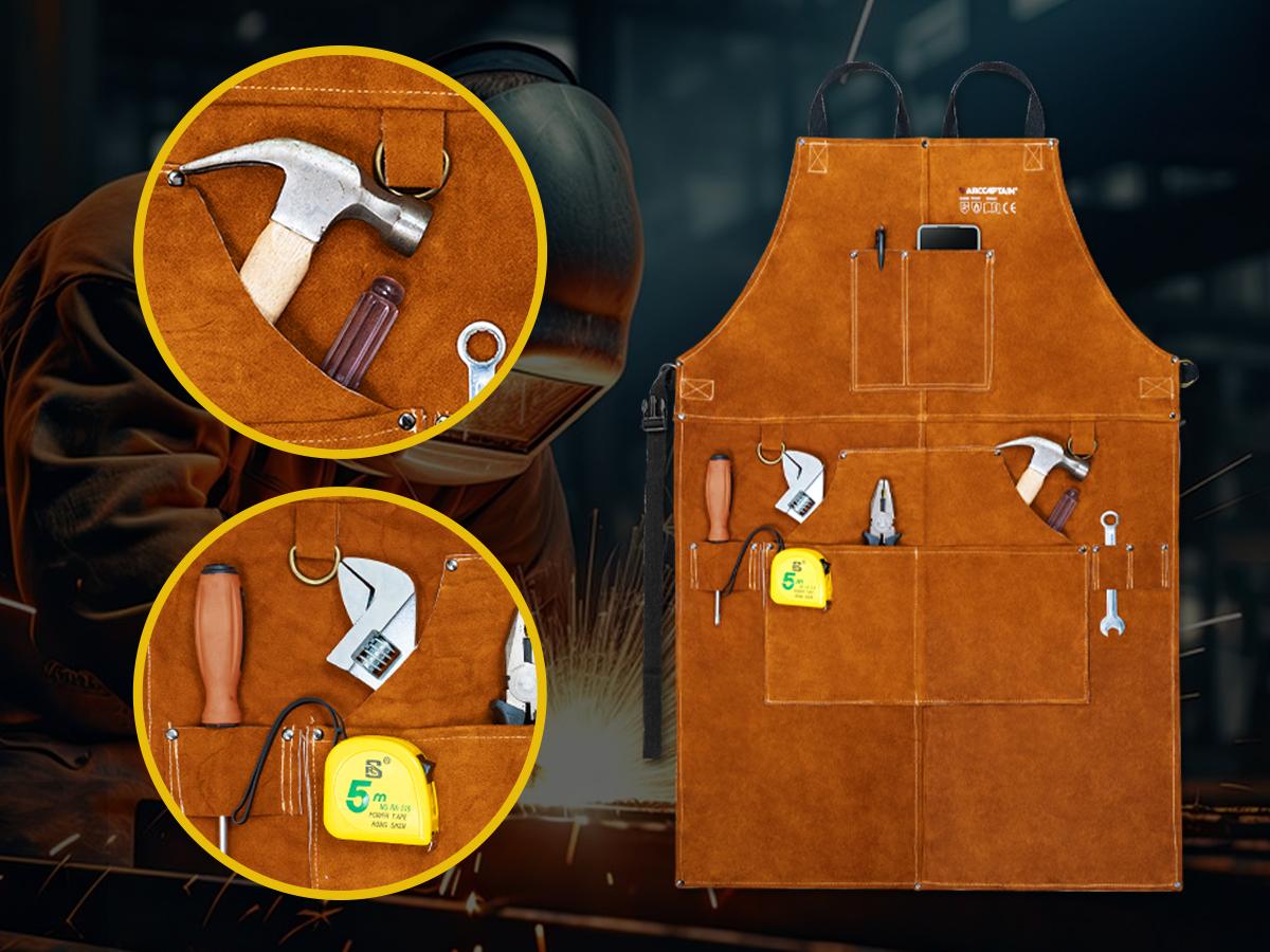 ARCCAPTAIN Leather Welding Work Apron 24" X 36" Heat Flame Resistant Cowhide Blacksmith Aprons with 6 Tool Pockets for Welders Men Women, Adjustable M to XXXL-Brown