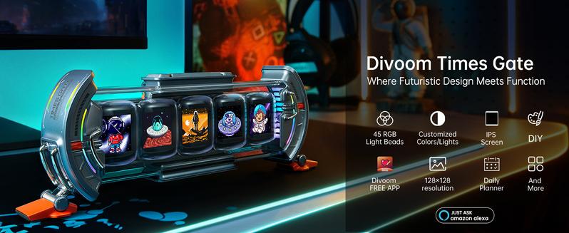 Divoom Times Gate - Cyberpunk Gaming Setup Digital Clock with Smart APP Control, WiFi Connect, RGB LED Display, Personalized Dashboard, Pixel Art for Gaming Room & Office Decor Sliver
