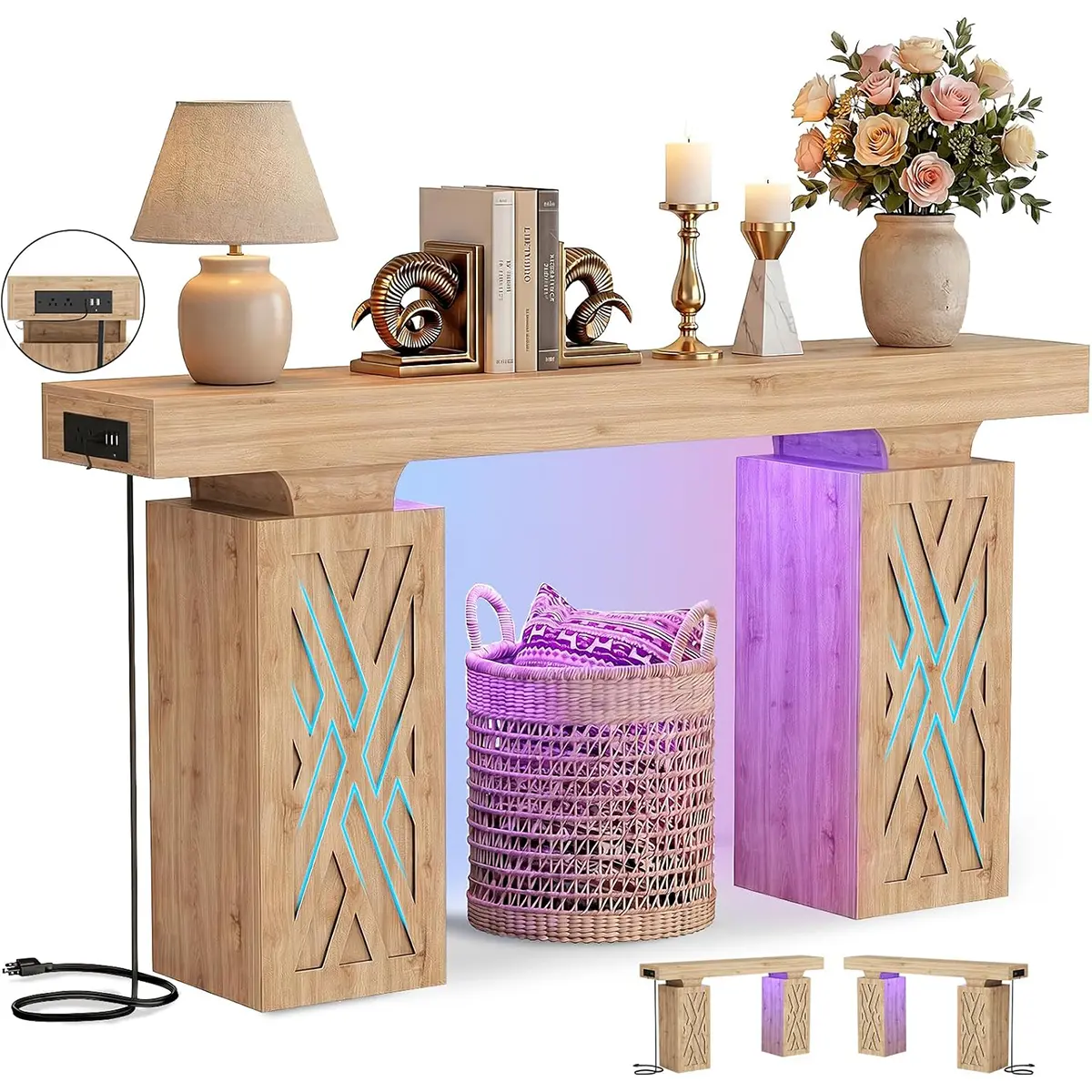 47" Extra Thick Entryway Table with Hollow Carved Storage Legs, 300+ lbs Load Console Table with Reversible Outlets & RGB Light, Space-Saving Wood Sofa Table for Hallway Foyer, Natural Oak
