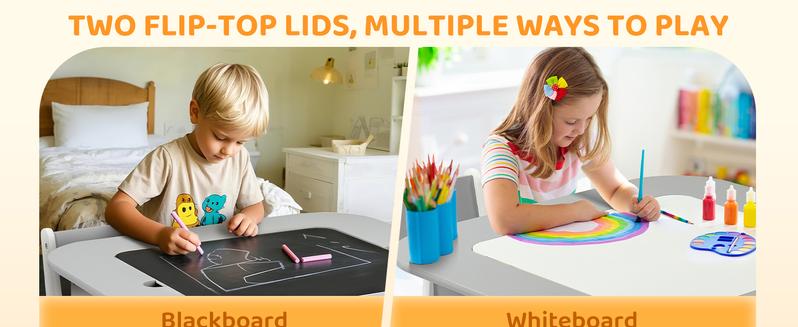 JOYMOR Toddler Table And Chair Set with Storage, 4-In-1 Tabletops Kids Table and Chairs for Crafts (Building-Blocks Board, Blackboard, Whiteboard), Wooden Activity Table for Toddlers Playing