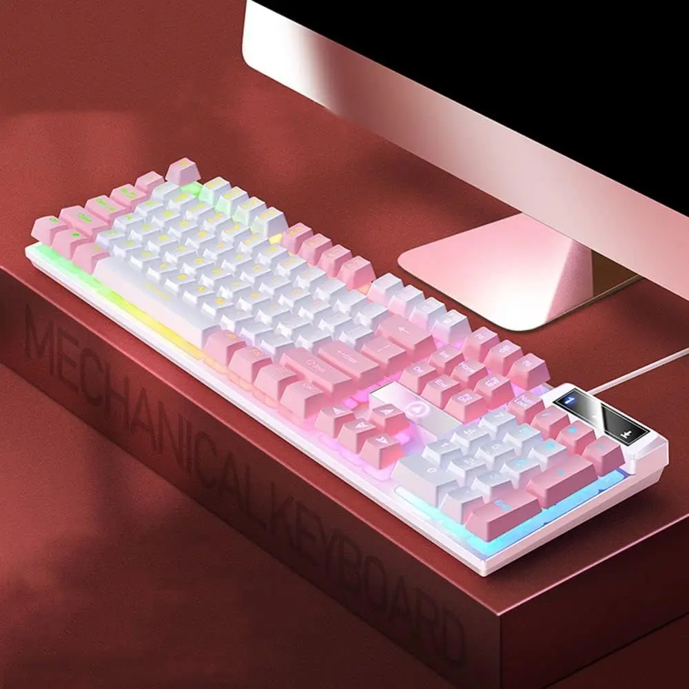 104-Key RGB Backlit Ergonomic Mechanical Gaming Keyboard - Wired USB PC Accessory, ABS Plastic, Mixed White & Pink RGB Lights, Foldable & Durable, Ideal for Gamers, With Lights, Sturdy