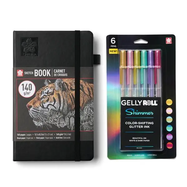 SAKURA Drawing Sketchbook Bundle Pack - A5 Black Paper (52425), GR Shimmer Pens 6PK (55451)