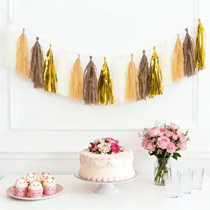 16 Pack Pre-Tied Foil Tassel Garland Banner Decoration – Natural & Gold Paper Tassels with 10ft Hanging String