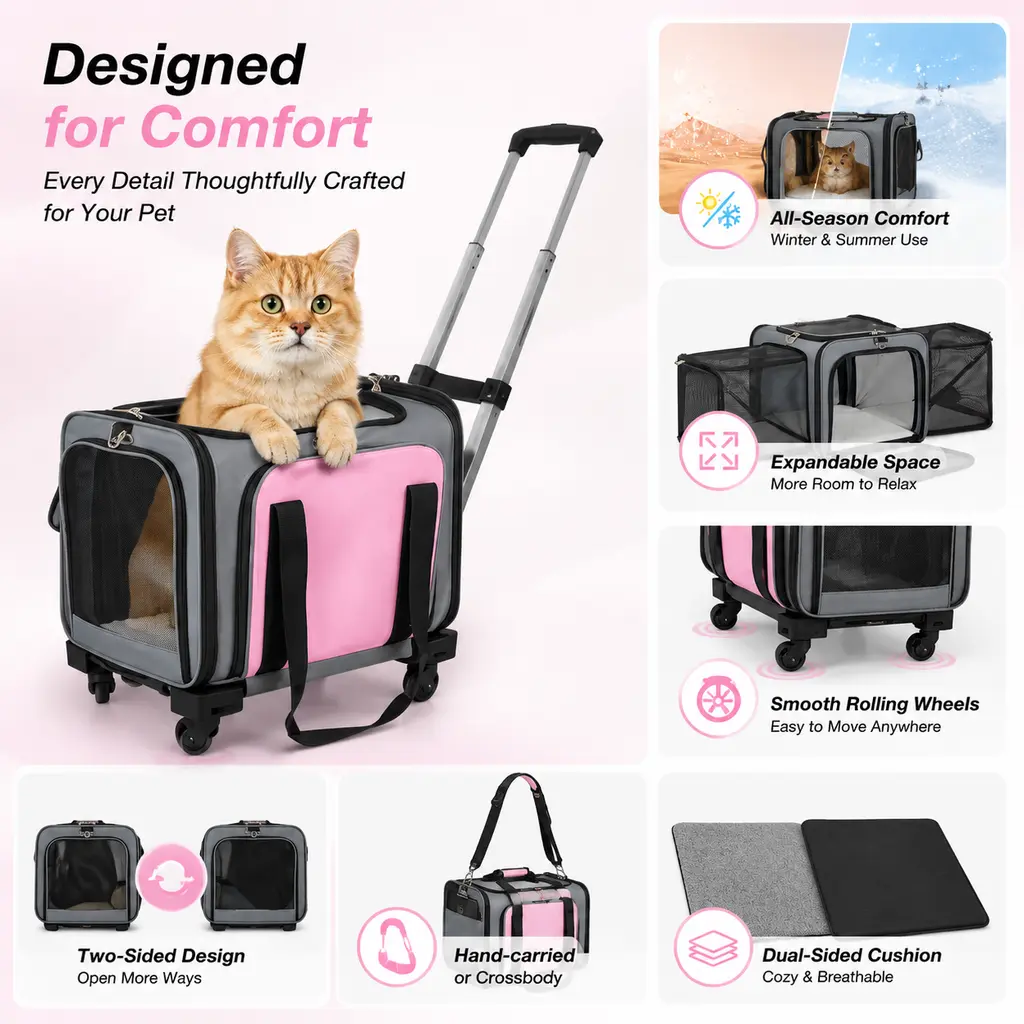 Cat Carrier, Pet Carrier Airline Approved, Expandable Large Dog Cat Carrier with Wheels, Upgraded Wheels Airline-Approved Cat & Dog Travel Carrier, Rolling Pet Carrier with Removable Pole Platform, Carnation Pink