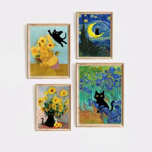 Cat Wall Art Vincent Van Gogh's Irises Cat Poster for Room Bedroom Living Room Bathroom Wall Decor