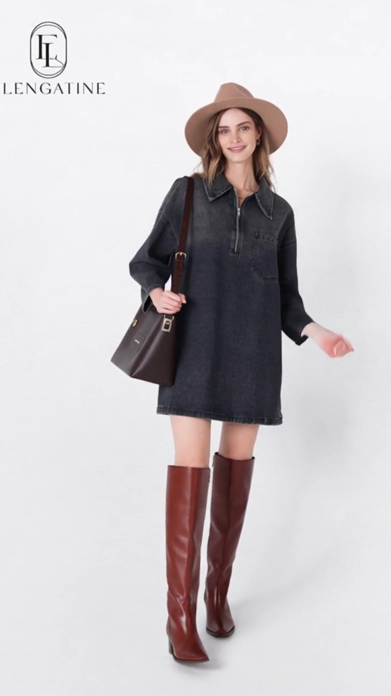 Elengatine Women's Denim Dress Half-Zip Collared Vintage Washed Blue Loose Fit Long Sleeve One Chest Pocket Trendy Casual Top for Daily Wear & Street Style Looks - Chic Autumn and Winter - Womenswear Suitable for all people, sizes range from XS - 5XL