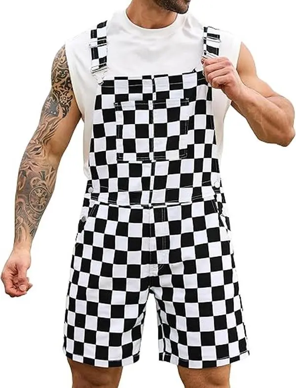ODEFOU Football Season Unisex Checkered Overalls Shorts Women's & Men's Stretch Plaid Print Game Outfit Fashion Jean Jumpsuit Cute Denim Bibs Coveralls for Tailgates Party Menswear Womenswear Teacher OOTD 2026 Autumn Vibes Trends Style