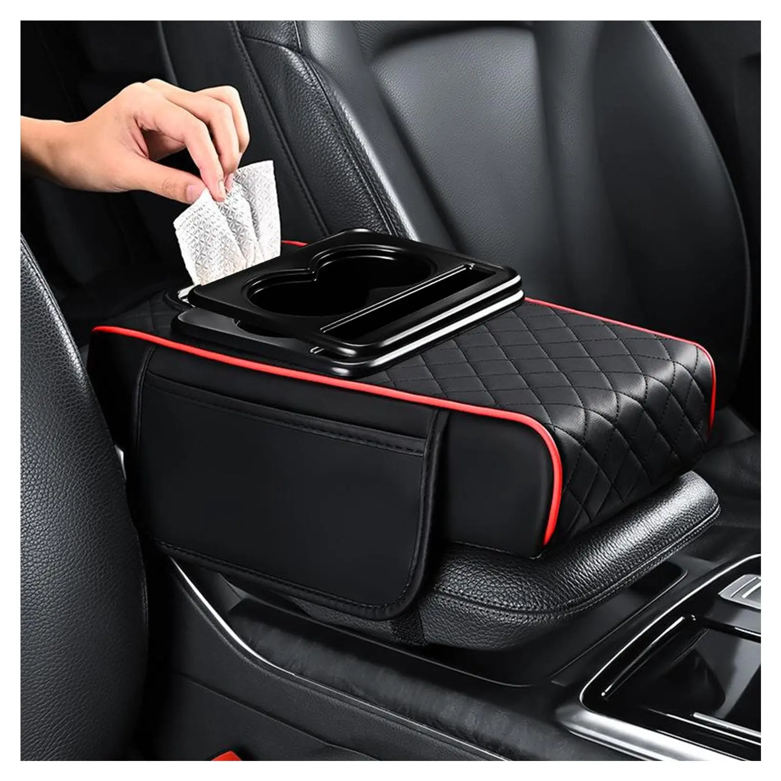 TUOSEN Multifunctional 5-in-1 Car Armrest Cushion Auto Accessories Interior - Easy Install Center Console Storage Organizer with Cup Holder, Tissue Box, Phone Slot, SUV/Sedan Car Stowing & Tidying Accessory, Black Red, Cars, 2.75" Height