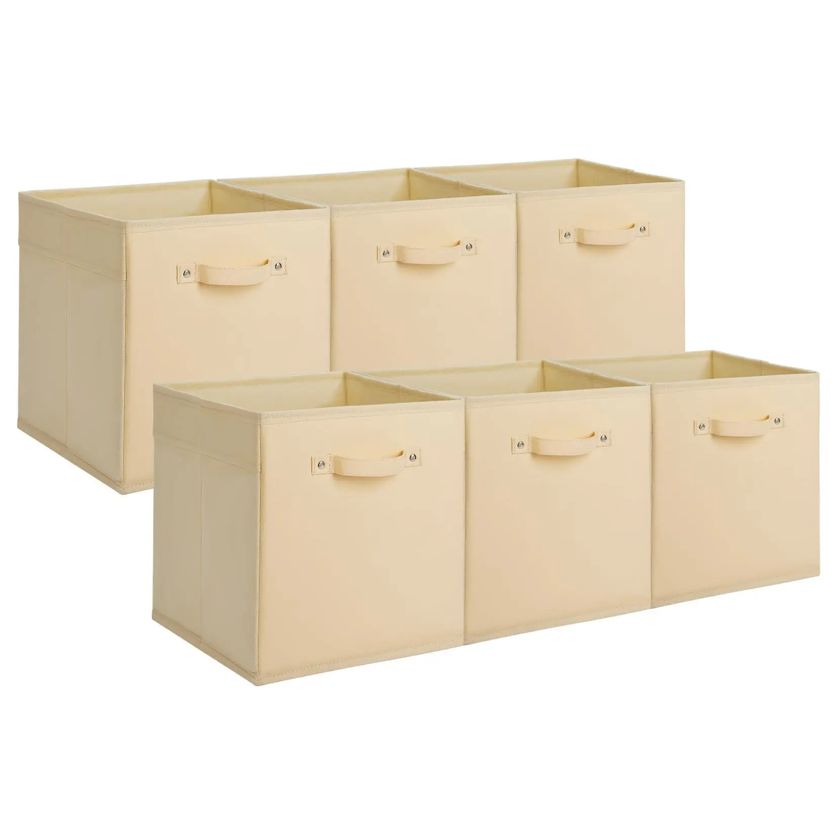 GARVEE 6-Pack 11 in Fabric Storage Bins with Faux Leather Handles, Foldable Cube Organizer Baskets for Shelves, Closet Decor, Collapsible Boxes for Clothes, Toys, Beige