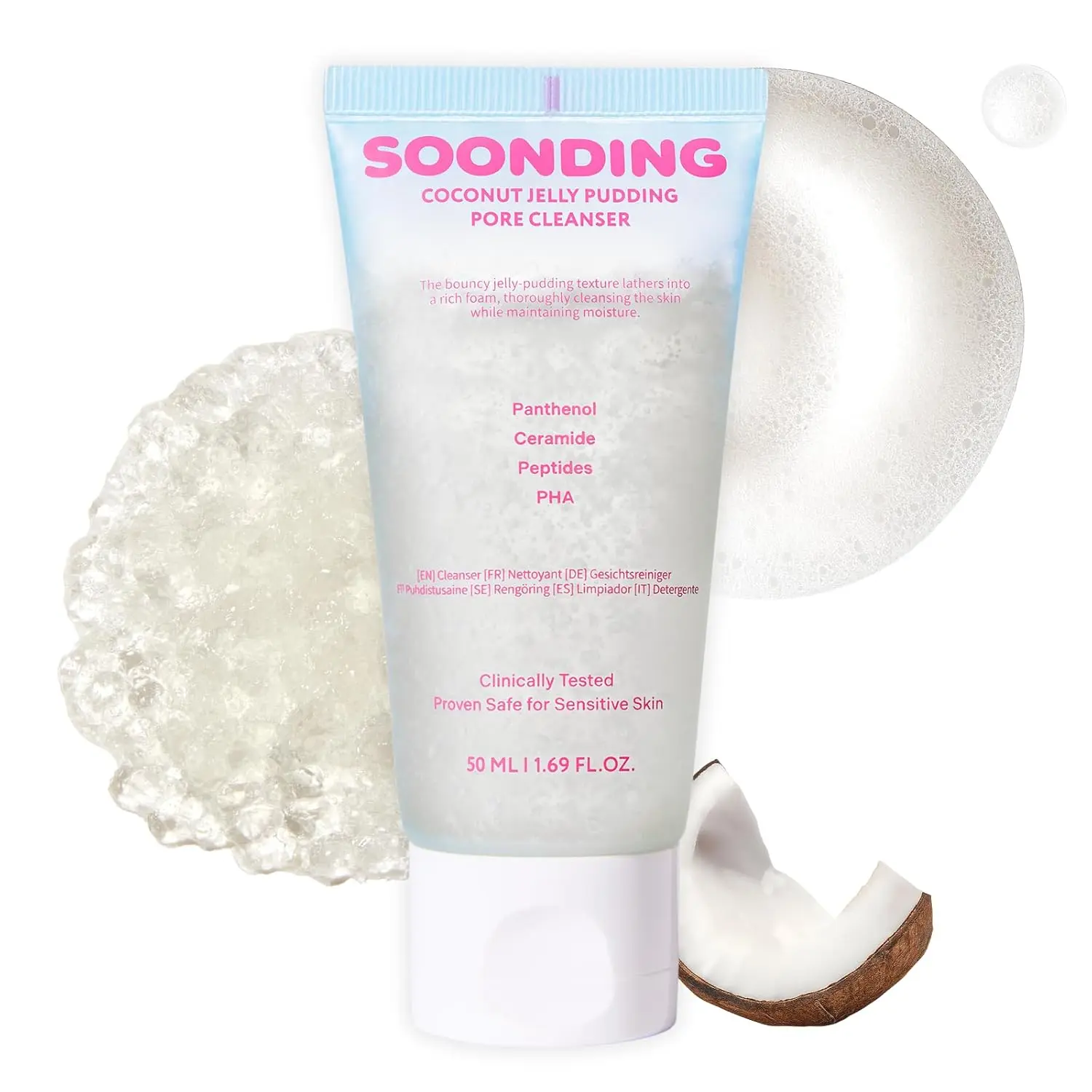 [SOONDING] Coconut Jelly Pudding Pore Cleanser | Deep Pore Cleansing & Gentle Exfoliation with Jelly-to-Foam Texture | Hydrating Face Wash with Panthenol, Ceramide & Peptides (50ml)