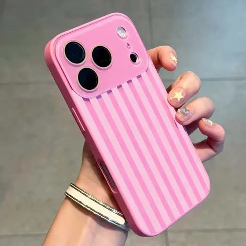 Hot Pink Striped Smartphone Casing for Women, Shockproof Fashion Aesthetic Handheld Device Cover with Built-in Camera Protection, Button Compatibility for iPhone 18 Pro Max iPhone 13 14 15 16 17 Pro Max