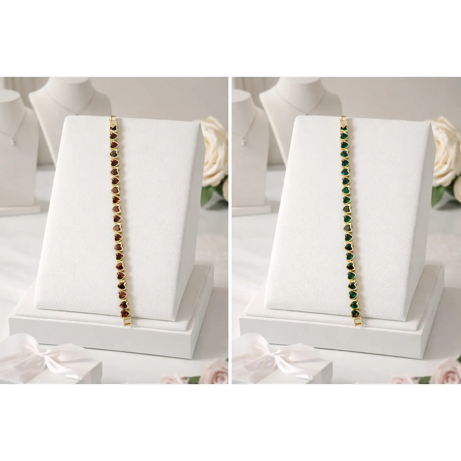 7 3/4” Heart Colored Cz Tennis Bracelet in Copper Red or Emerald
