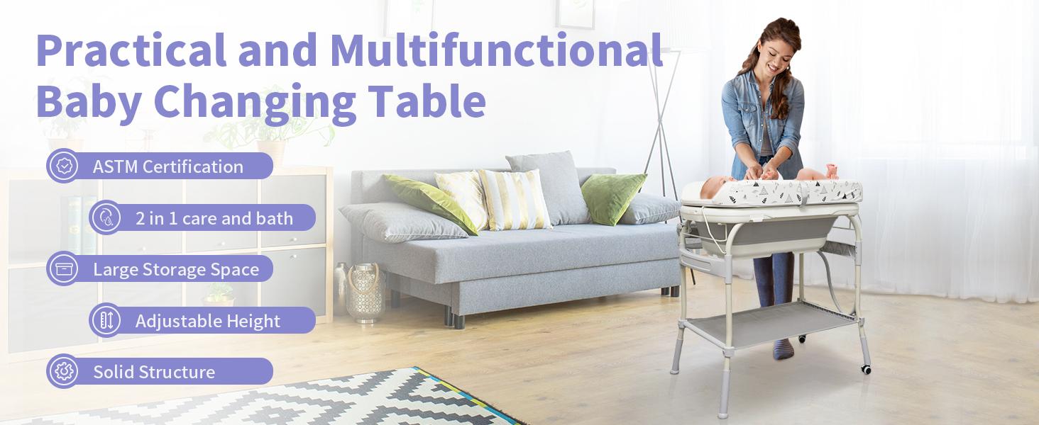 2in1 Baby Bathtub with Changing TableWaterproof Portable Diaper Changing Station, Adjustable Height Organizer with Storage for Newborns&Toddlers