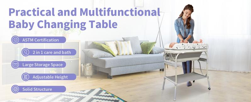 2in1 Baby Bathtub with Changing TableWaterproof Portable Diaper Changing Station, Adjustable Height Organizer with Storage for Newborns&Toddlers