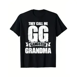 Black Cotton Graphic Tee for Women Featuring They Call Me GG Gangster Grandma Design Short Sleeve Round Neck Casual Fit Perfect Humorous Gift for Grandmothers Playful Style