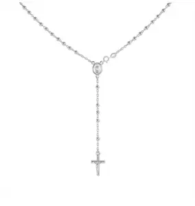 925 Sterling Silver Diamond Cut Italian 4mm Rosary Beads Chain with Cross Necklace 26" Rosario