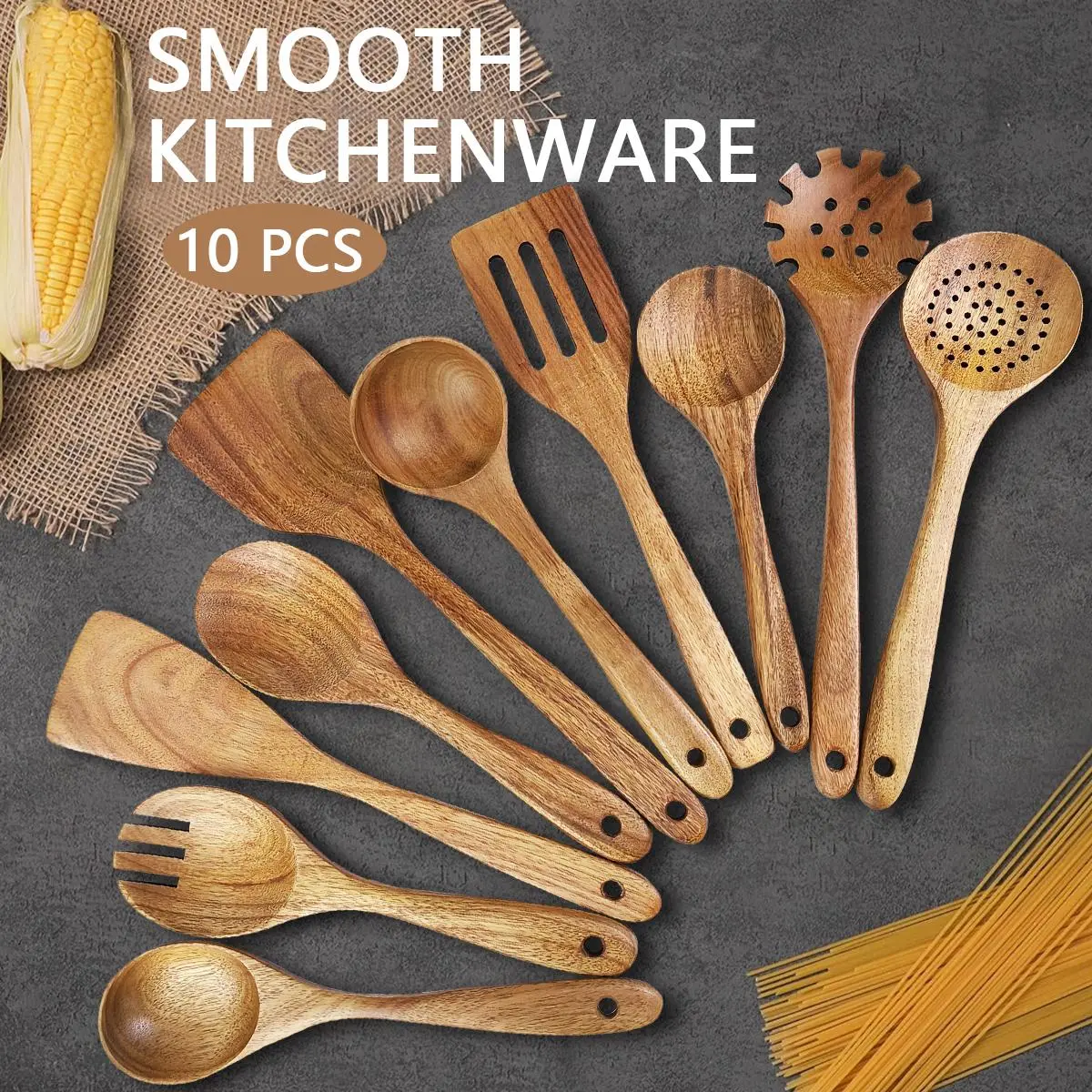 5-10Piece Premium Wooden Kitchenware Set with Ergonomic Handles, Natural Eco-Friendly Material - Includes Wooden Spoons, Tablespoon, Sauté Spatulas, Heat-Resistant, Easy-to-Clean, Durable Cooking Tools for Non-Stick Pans, Wooden Spatulas