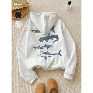 Women's wool hooded sweatshirt with pattern, autumn and winter loose long sleeved pullover, shark print casual daily wear, neutral fashion top
