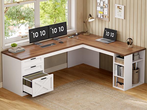 SEDETA 67 Inch Farmhouse L Shaped Executive Computer Desk with 3 Drawers Storage Shelves Power Outlets