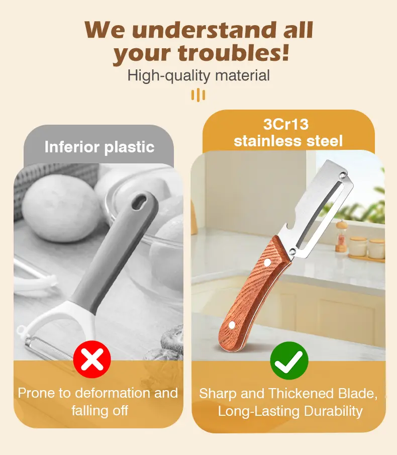 Stainless Steel Sharp Peeler with Wooden Non-Slip Ergonomic Handle, Built-In Bottle Opener, Long-Lasting Construction for Fruits & Vegetables, Essential Kitchen Tool