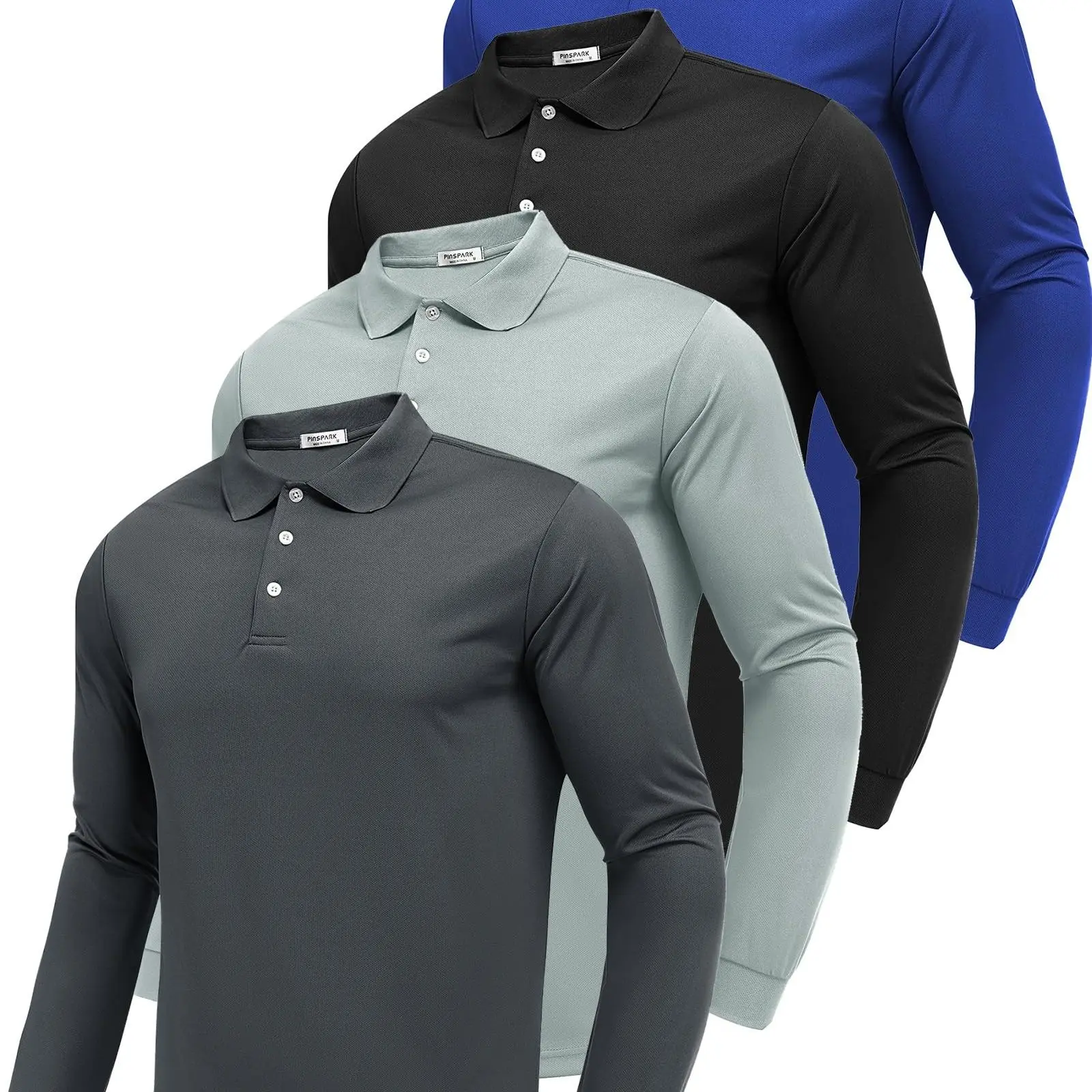 PINSPARK Men's 4-Piece Long-Sleeve Polo Shirt Set Moisture-Wicking Golf Shirt Quick-Dry Work, Hiking & Casual Collared Shirt,summerwins,father'sdaygifts,back to school,back to school shopping tiktokshopbacktoschool,back to school,back to school haul