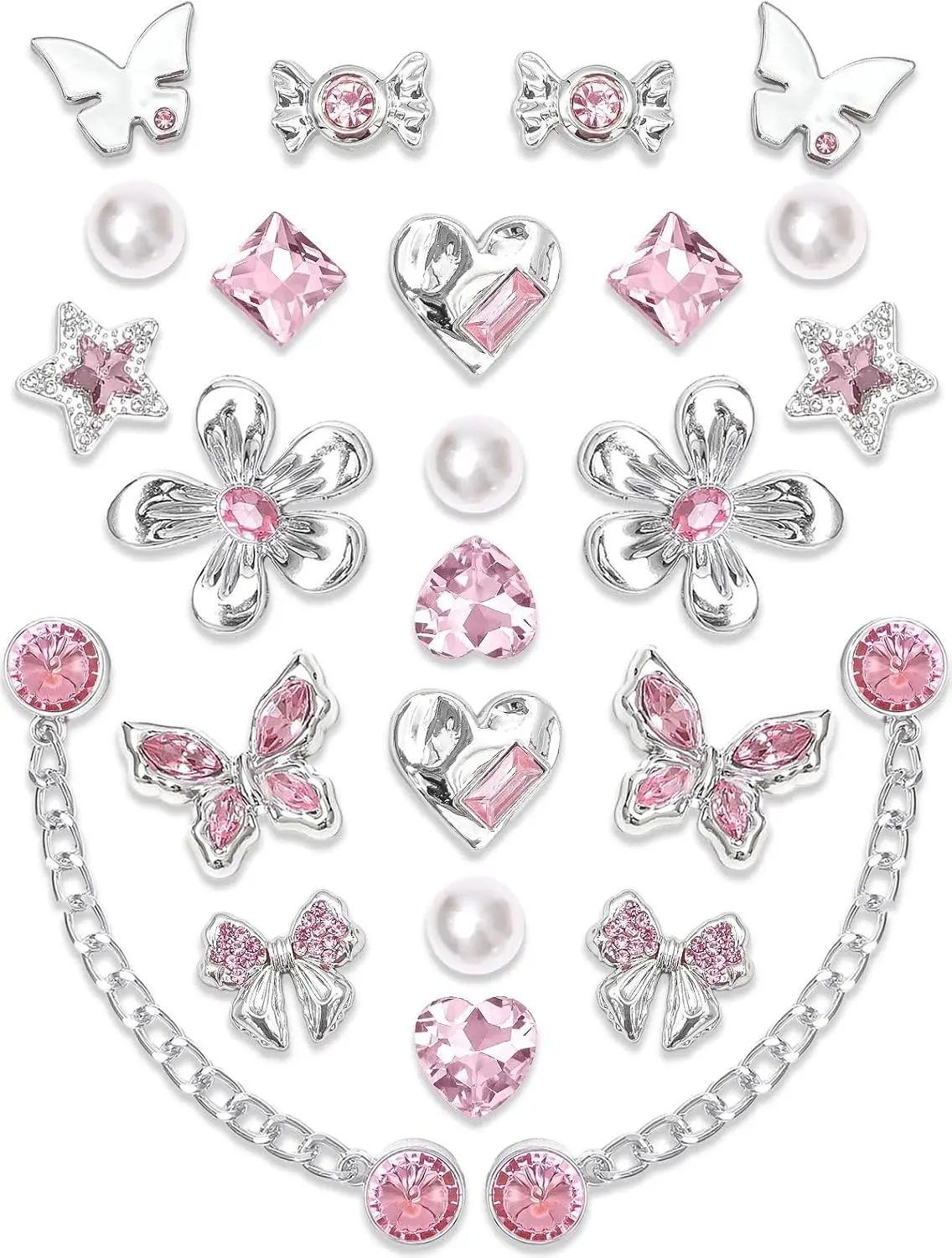 24 Pcs Bling Shoe Charms Set - Pearl, Resin Butterfly, Flower & Rhinestone Shoe Pins with Chains - DIY Aesthetic Shoe Decoration Accessories Gift for Women & Girls