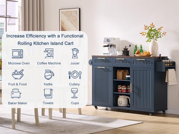 PieDle 57" Multifunctional Rolling Kitchen Island with Trash Can Storage, Power Outlet & Drop Leaf, Open Shelves, Large Islands Cart on Wheels with 3 Drawers, 5-Wheel Mobile Island Table for Kitchen