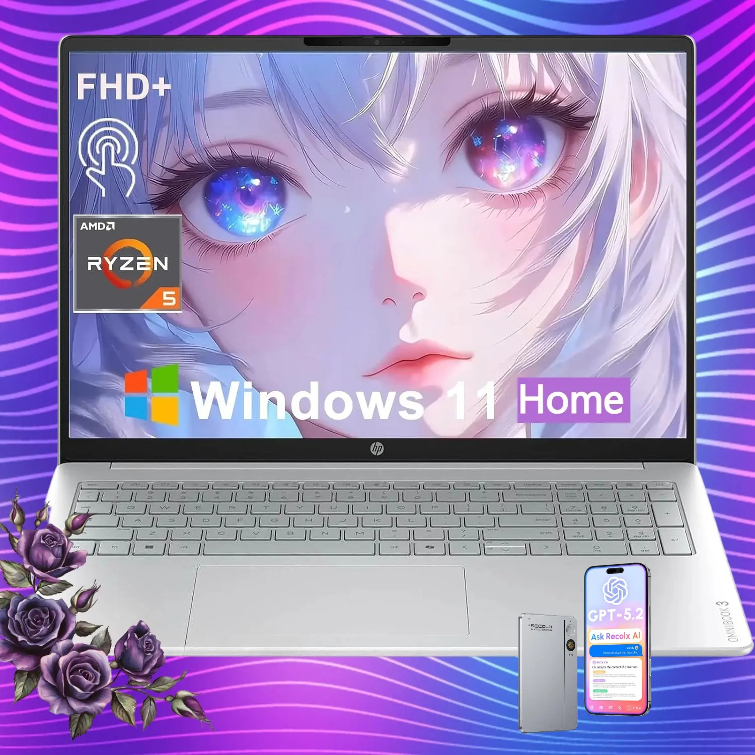 HP OmniBook 16'' 2K IPS Touchscreen Laptop 2026 Edition, AMD Ryzen 5 40, Up To 8GB RAM, 512GB SSD, Radeon 610M Graphics, FHD Camera, Copilot AI, Windows 11 Home, For Business Use, Bundle Accessories