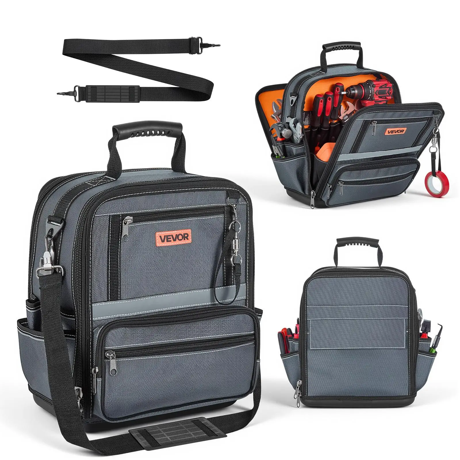 VEVOR Heavy Duty Nylon Tool Bag, 13.2 in Large-Capacity Multi-Pocket Organizer, 34-Pocket Storage with Hard Plastic Base, Large Zipper, Adjustable Shoulder Strap, for Men Dads Fathers Day Gifts, Heavy Duty Nylon Tool Bags, Large-Capacity Multi-Pocket Tool