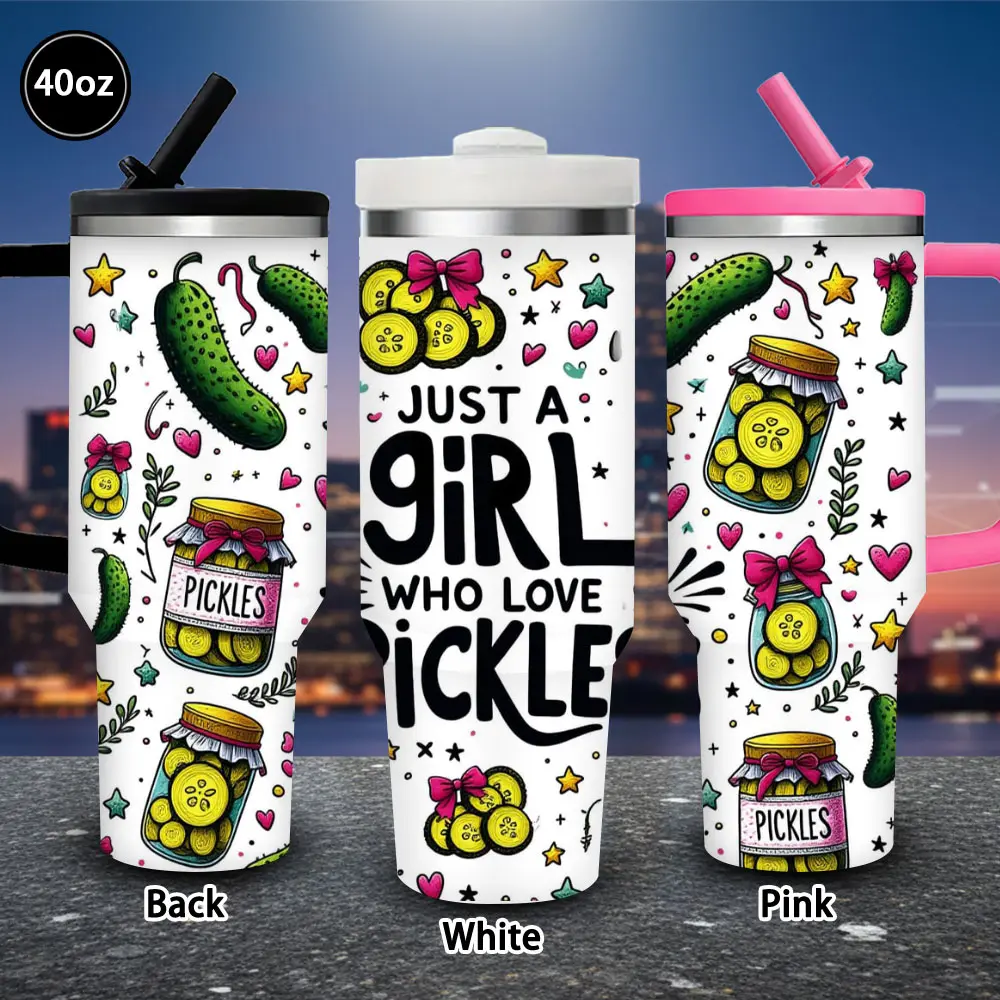 40 oz Leak-Proof Pickle Pattern Vacuum Flask Tumbler with Lid and Straw, 1-Pc Winter Insulated Adult Travel Mug, Ideal Birthday Easter Gift for Coffee, Iced/Hot Drinks, Flasks, Valentine’s Day