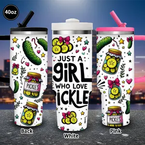 1 pc 40 oz cute pickle pattern tumbler with lid and straw, winter insulated travel mug, gift for women and men, ideal for Valentine’s Day, Easter, birthday gifts, iced/hot coffee cup