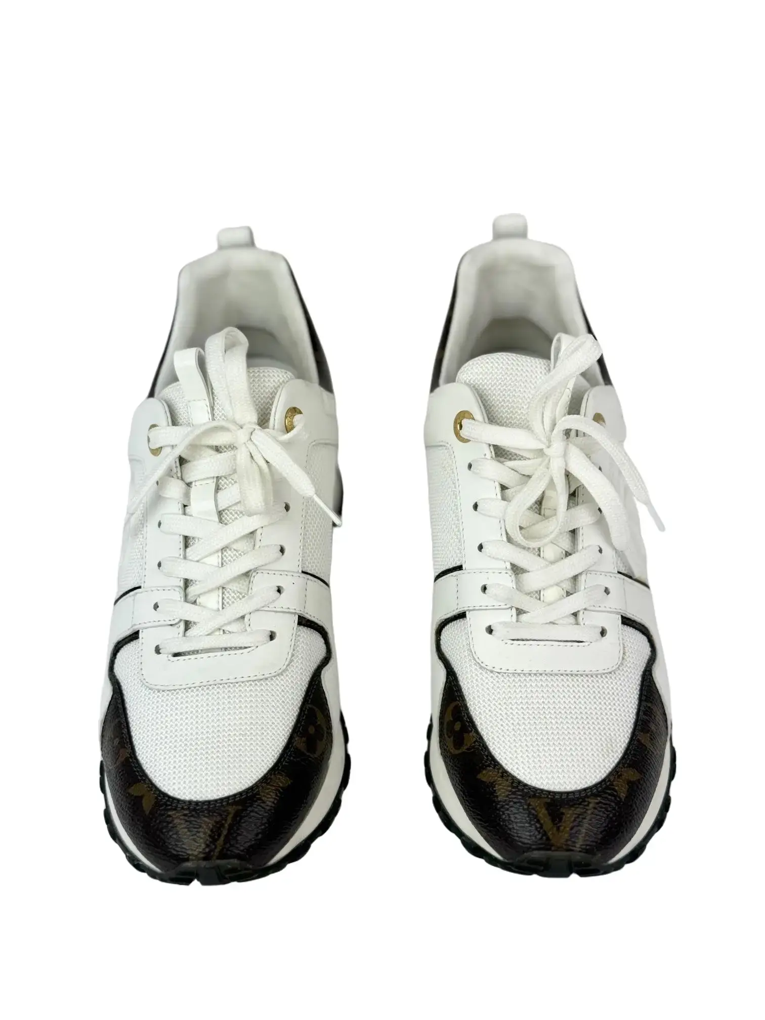 Pre-Owned Women's LOUIS VUITTON Run Away Leather Lace-Up Sneakers - Gold Trim, Excellent Condition, Extra Height, Size 39 (USA 9), Includes Original Box