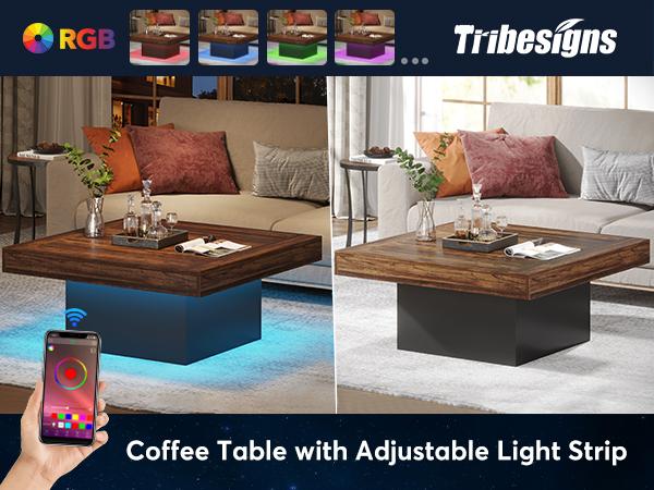 Tribesigns Square LED Coffee Table, Industrial Engineered Wood Coffee Table for Living Room