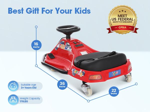 PHI VILLA Kids Electric Drift Car, 2 Speed Wiggle Go Kart for Boys & Girls Ages 3+, 24V Crazy Cart, Front Lights, Bluetooth Music & Safety Harness