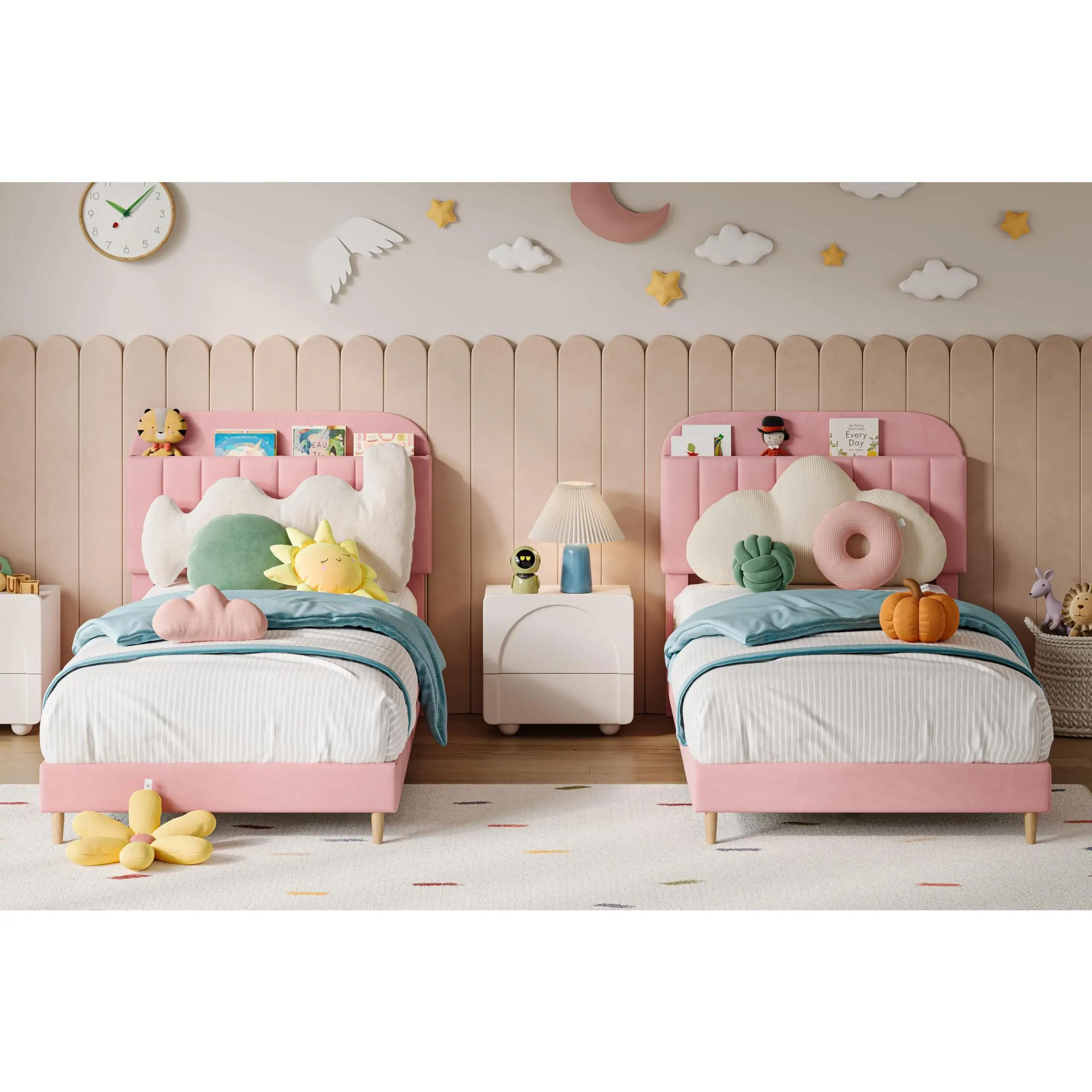2PCS Twin Bed Frames, Upholstered Platform Bed Frame with Bookcase Headboard, Velvet Platform Bed Mattress Foundation, Heavy Duty Steel Support Legs, Easy Assembly, Noise Free, Light Pink