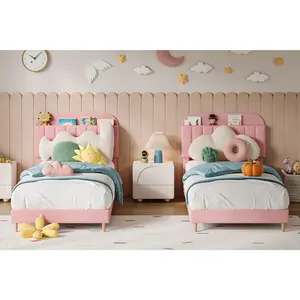 2PCS Twin Bed Frames, Upholstered Platform Bed Frame with Bookcase Headboard, Velvet Platform Bed Mattress Foundation, Heavy Duty Steel Support Legs, Easy Assembly, Noise Free, Light Pink